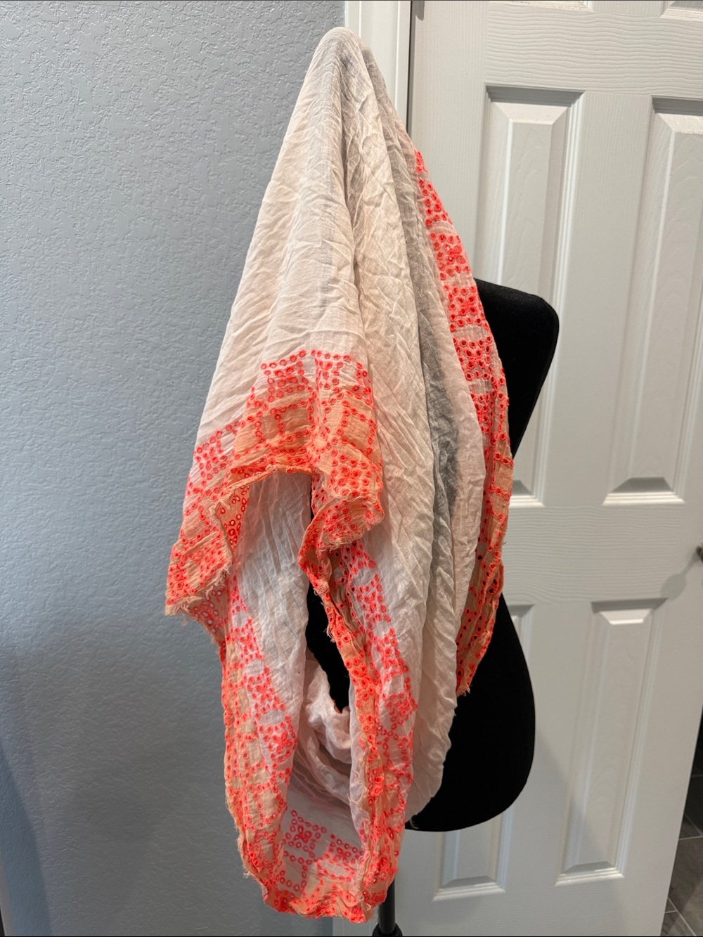 American Eagle Outfitters Cream Scarf with Bright Coral Embroidery